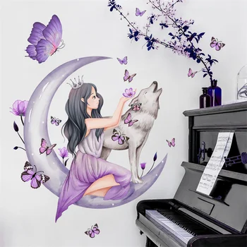 Наклейки на стену в виде девушки-бабочки, Луны и волка для спальни, наклейки на стены в гостиной