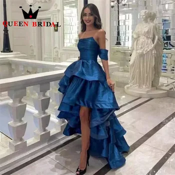 Элегантные Синие Атласные Вечерние Платья С Открытыми Плечами, Плиссированное Платье Для Выпускного Вечера С Высокой Низкой Спинкой, Vestidos De Novia Custom D13C