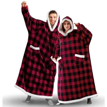 2024 Новая удлиненная толстовка большого размера, пуловер, плюшевое фланелевое одеяло с рукавами, зимняя толстовка с капюшоном, гигантское одеяло для телевизора