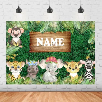 Стена с зеленой травой, фон с пользовательским именем, мальчик-сафари в джунглях, детский фон для вечеринки по случаю дня рождения, баннер с фотографией тропических листьев