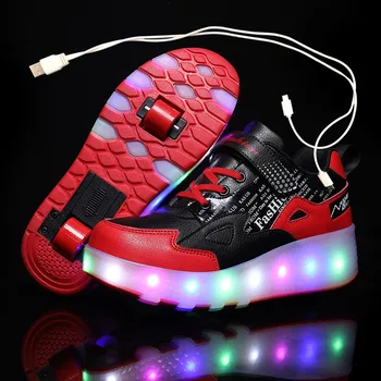 Двухколесные светящиеся кроссовки, Черные, красные, со светодиодной подсветкой, Обувь для роликовых коньков для детей, Детская обувь со светодиодной подсветкой, Обувь для мальчиков и девочек, загорающаяся 28-43