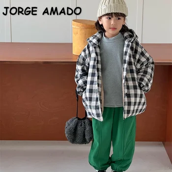 Детские пальто для девочек и мальчиков в корейском стиле, клетчатая утолщенная однобортная куртка с длинными рукавами, теплая хлопчатобумажная верхняя одежда H9282