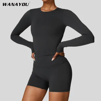 Комплект для йоги WANAYOU, женская спортивная одежда с длинными рукавами, бесшовный комплект для йоги из 2 предметов, обтягивающие брюки с высокой талией, спортивные костюмы для фитнеса