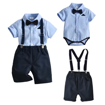 Костюмы джентльменов для маленьких мальчиков, Летняя хлопковая Детская рубашка с коротким рукавом + шорты-нагрудники + галстук-бабочка, комплект одежды на 6-9 месяцев, 1-2 года