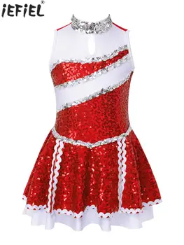 Детский костюм для черлидинга для девочек, танцевальное платье без рукавов с блестящими пайетками, одежда для соревнований по фигурному катанию