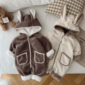 Одежда для маленьких мальчиков и девочек с капюшоном и зайчиком, комбинезон для детей, плюшевая Зимняя детская одежда, корейский костюм от 0 до 12 месяцев, Вещи для младенцев