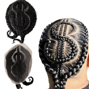 Malaysian Virgin Human Hair Systems 1b # Натуральный Черный Цвет Афро Кукуруза US $ Косы Полностью Кружевные Парики 8x10 Мужской Комплект для Чернокожих Мужчин