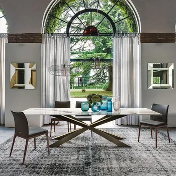 Легкий роскошный дизайн, каменная плита, сочетание итальянского кухонного стола и стула на заказ, простой набор прямоугольных обеденных столов для большой виллы