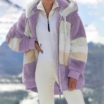 Зимняя толстая теплая плюшевая куртка Женские флисовые куртки на молнии с капюшоном Повседневные пальто из пушистого флиса контрастного цвета, утепленное пальто