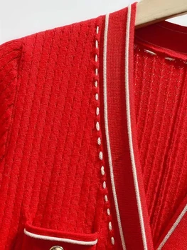 Женское трикотажное платье миди контрастного красного цвета с V-образным вырезом и высокой талией, женские однобортные винтажные халаты с длинным рукавом на весну 2022 года