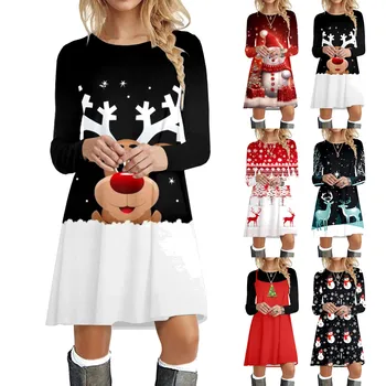 2023 Рождественское женское платье Повседневные праздничные платья для вечеринок для женщин, футболка с принтом милого Лося и Снеговика, мини-платье с круглым вырезом и длинным рукавом