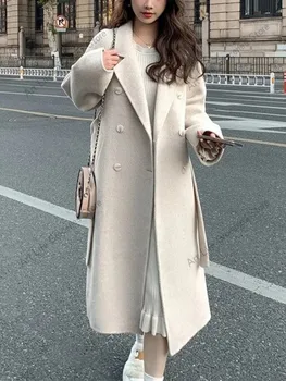 Корейское модное женское повседневное свободное шерстяное пальто Элегантная и шикарная однотонная верхняя одежда Длинное пальто с поясом Женский теплый плащ