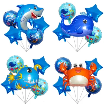 5шт Воздушные шары с морскими животными Акула Рыба Фольгированные воздушные шары Подводная вечеринка Украшения для детского Дня рождения Детский душ Гелиевые воздушные шары