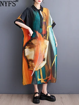 NYFS 2023 Летнее Новое Женское Платье В Китайском Стиле, Vestidos Robe Elbise, Свободное, Плюс Размер, Однотонное Платье-Рубашка С Коротким Рукавом