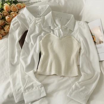 Женская рубашка во французском стиле с отворотом, вязаные топы с длинными рукавами, Весна-осень, Новый тонкий короткий джемпер с длинными рукавами