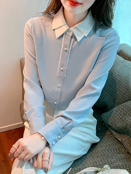 Женская синяя рубашка, двухслойная Модная Простая классическая Элегантная однобортная удобная рубашка, базовые офисные топы с длинным рукавом, Новинка
