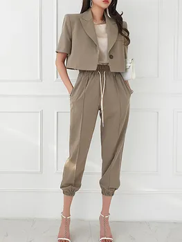 Новое поступление, комплект из двух предметов 2023 года Для женщин, летняя короткая куртка в корейском стиле с эластичной талией, повседневный модный брючный костюм