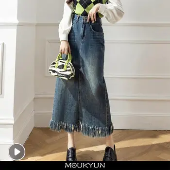 Длинная джинсовая юбка MOUKYUN в корейском стиле с высокой талией, винтажные юбки миди с разрезом трапециевидной формы, женские длинные джинсовые юбки в стиле