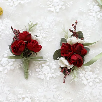 Свадебная бутоньерка Розы из искусственного шелка, Корсаж, Браслет невесты, Цветы, свадебные украшения для вечеринок на запястье, цветочные украшения для свадебных вечеринок