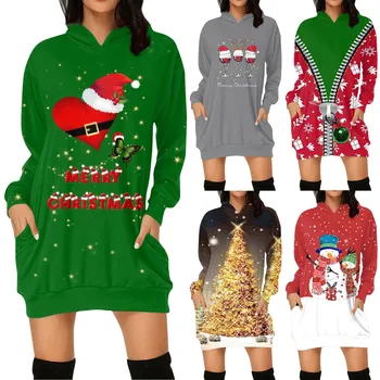 Длинное платье с капюшоном, женские повседневные модные короткие платья с рождественским принтом и длинными рукавами для рождественской вечеринки, свитера