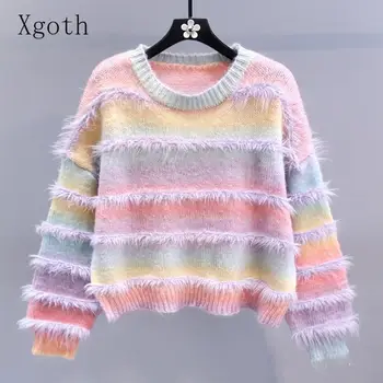 Xgoth Шикарный Женский Пуловер в стиле Пэчворк с радужной кисточкой, Толстые Свободные свитера, Винтажные Повседневные свитера милой вязки, Зимние Модные топы