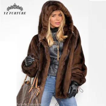 2020 Новые зимние кофейные пальто из натурального меха норки, куртка с капюшоном, женская теплая элегантная зимняя куртка из натуральной кожи