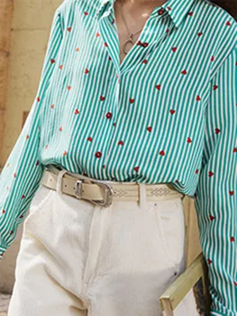 Женская рубашка в Зеленую полоску из 100% Шелка С отложным воротником, Однобортная Сорочка В Форме Сердца, Женская Свободная Блузка, Осень 2023