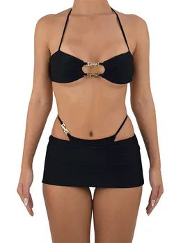Комплекты из 3 предметов, Женские летние комплекты с пикантной юбкой для пляжного клуба, укороченные топы без рукавов с вырезами + Стринги + Мини-юбки, женские