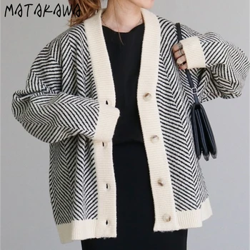 Осенне-зимние кардиганы Matakawa для женщин, полосатые свитера контрастного цвета с V-образным вырезом, Корейская мода, Винтажная одежда