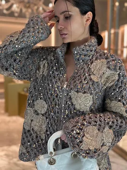 Кардиган с вышивкой в виде цветка, выдалбливающий женский блестящий вязаный свитер на молнии с воротником-стойкой 2024, Элегантное женское пальто для вечерней вечеринки