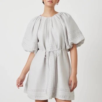 Женское мини-платье из 100% льна с открытой вышивкой, платье с рукавами-фонариками