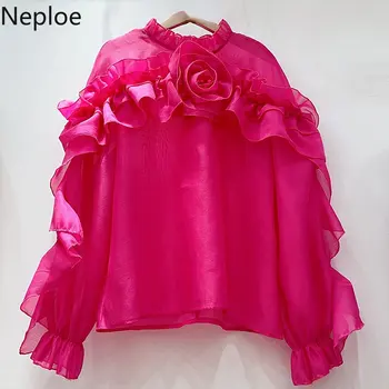 Неплоевая блузка с нерегулярными оборками, объемные женские блузы с цветочным рисунком, воротник-стойка, Слегка прозрачная шифоновая рубашка