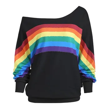 Rainbow Color Women'S Blouse Fashion One Cold Shoulder Shirt Casual Spliced Pullovers Color Blocking Tops топ с длинным рукавом