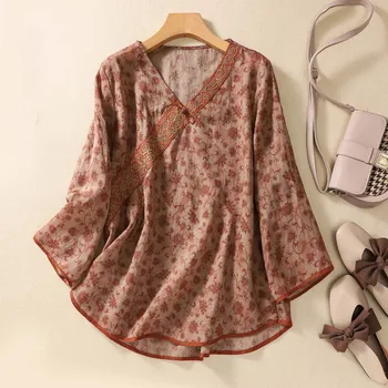 Модная женская блузка 2024 с цветочным принтом и V образным вырезом и вышивкой в стиле ретро Универсальная блузка Женские Летние рубашки Blusa Feminina