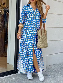 Женские 2023 осень новая мода свободные услуг цветок серии Поло воротник однобортный рубашка с длинным Y2k пляжное платье бохо 
