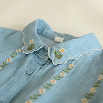 Новое поступление, Весна-осень, Женские Свободные повседневные рубашки с длинным рукавом и отложным воротником, Хлопковая джинсовая блузка с цветочной вышивкой, Топы C984