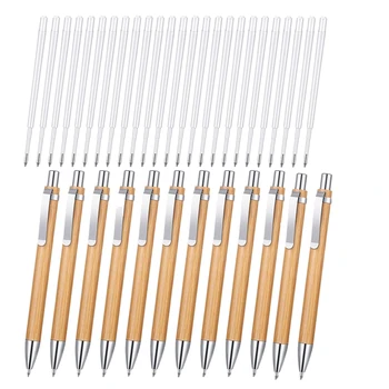 12 штук бамбуковой выдвижной шариковой ручки с 24 заправками, ручки для канцелярских товаров, Бамбуковая шариковая ручка, деревянные шариковые ручки