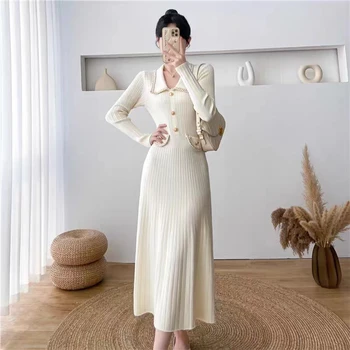 2023 Новое вязаное платье Xiaoxiangfeng с длинными рукавами, детское осенне-зимнее французское платье для чаепития, Тонкая талия, платье средней длины