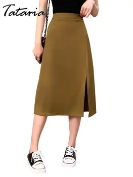 Белые летние женские юбки Миди 2023, Новая Черная Элегантная Корейская юбка трапециевидной формы с разрезом, Тонкая, с высокой талией, Симпатичная облегающая юбка с разрезом
