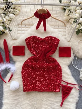 Однотонное зимнее сексуальное Рождественское платье 2023, женские модные комплекты униформы с пайетками, облегающее мини-платье без бретелек, красное вечернее платье