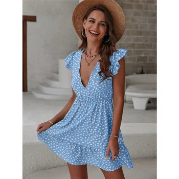 Лето 2023, свободная юбка с V-образным вырезом и рукавами в виде листьев Лотоса, повседневное синее пляжное платье, женское летнее мини-платье