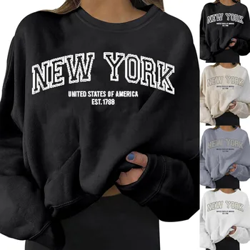 Женская Повседневная толстовка с буквенным принтом New York, женские пуловеры из флиса свободного кроя с круглым вырезом и длинными рукавами, женская одежда 2yk на 2023 год