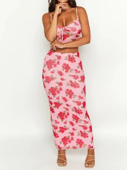 Женский топ в стиле бохо с цветочным принтом, V-образным вырезом и юбкой-макси с завышенной талией, комплект для летней пляжной одежды и уличных нарядов