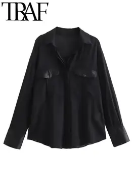 TRAF 2024 Женская модная винтажная рубашка с шелковой текстурой, Повседневные тонкие однобортные блузки с двойными карманами