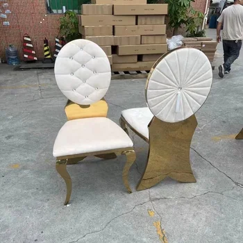 модный дизайн роскошный золотисто-белый кожаный обеденный стул с круглой спинкой из нержавеющей стали для банкета в гостиничном зале