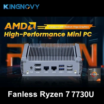 KingNovy FU02 Безвентиляторный Мини-ПК AMD Ryzen 7 7730U с 8 ядрами и 16 потоками Barebone PC с маршрутизатором 2 локальных сетей Игровой компьютер Windows 11 2x4 K WiFi