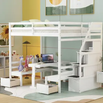 Белая полноразмерная двухъярусная кровать с лестницей, пуховая кровать может быть трансформирована в сиденья и столовый набор для мебели спальни