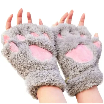 Перчатки с кошачьим когтем, плюшевые перчатки без пальцев с медвежьей лапой на полпальца, милые женские толстые флисовые перчатки на бретелях, мультяшные теплые перчатки