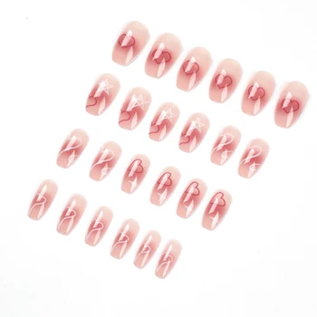24 ШТ поддельных ногтей с рисунком пентаграммы в виде линии сердца, съемный дизайн для макияжа ногтей Lady Beauty